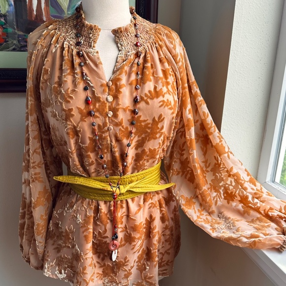 Cut Velvet Amber Colored Peasant Style Smock Top Blouse - S - Picture 5 of 10